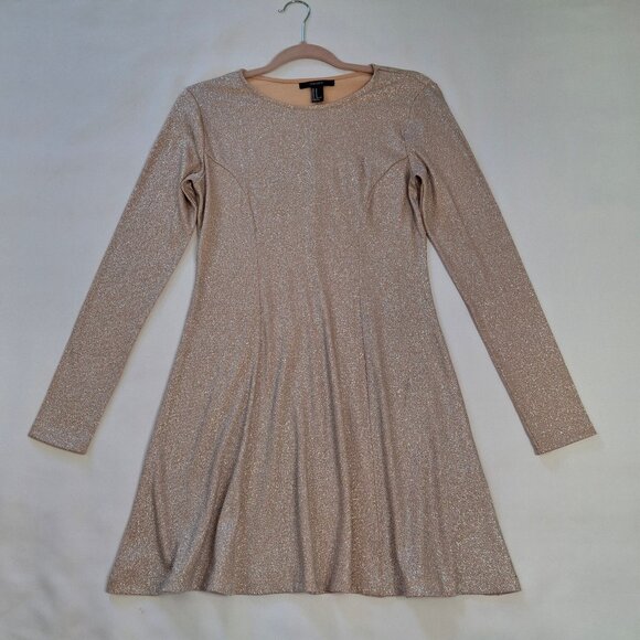 Forever 21 Peach Metallic Skater Dress Sz M Fit N Flare Long Sleeves Round Neck - Picture 4 of 16